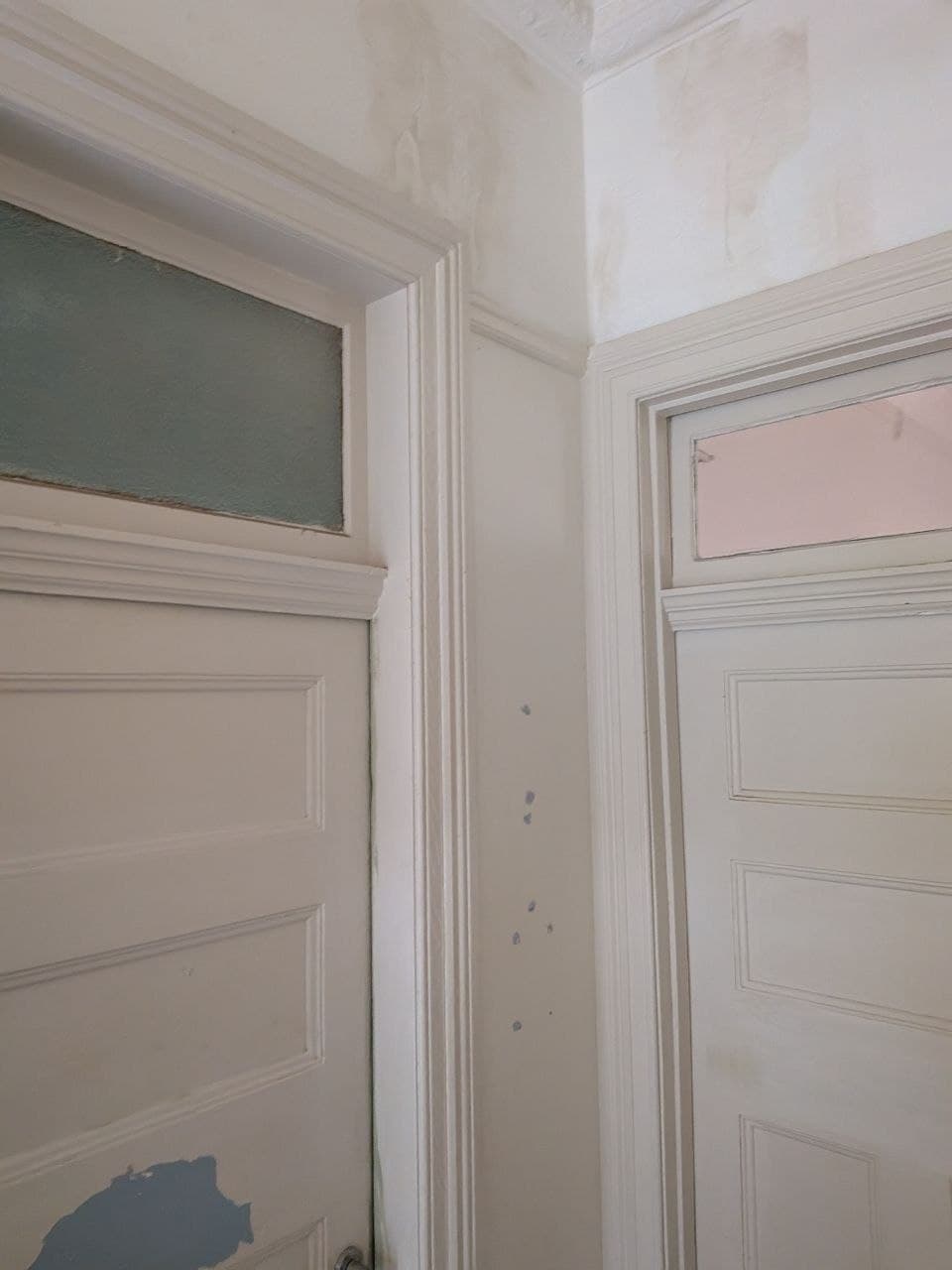Panelled hallway doors before painting — bare white primer, patchy walls and unfinished trim